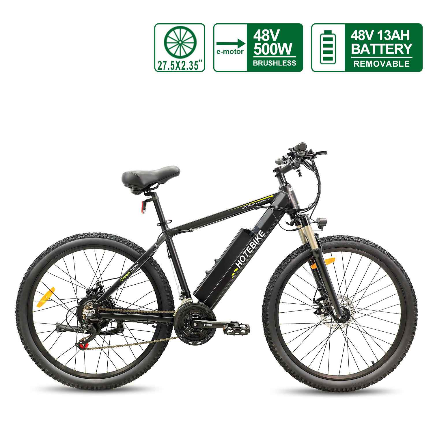 HOTEBIKE 500W Elektro-Mountainbike 27.5 – 48V 13AH herausnehmbarer Akku – Gasgriff & Tretunterstützung – Reichweite bis zu 55 Meilen